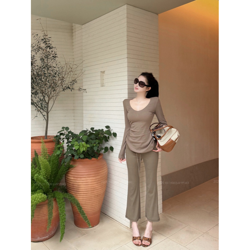 Summer New Korean Style Elastic Slim-Fit Long-Sleeve T-Shirt + Elastic Drawstring Wide-Leg Casual Pants Set for Women Summer New Korean Style Elastic Slim-Fit Long-Sleeve T-Shirt + Elastic Drawstring Wide-Leg Casual Pants Set for Women