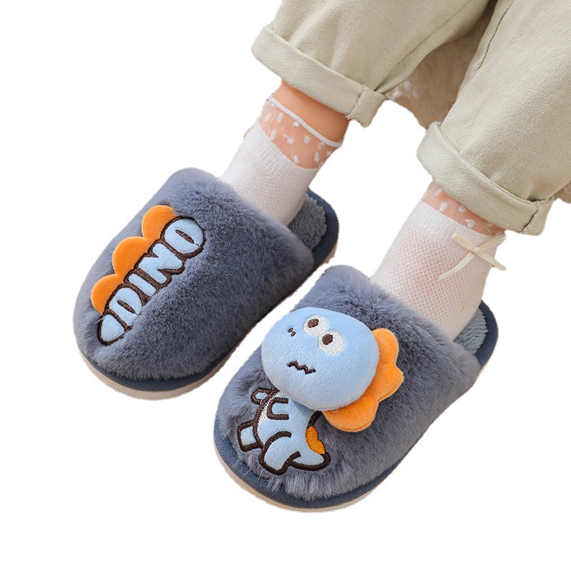 Zapatillas de piso de invierno para niños de dibujos animados de fondo suave casa lindo dinosaurio cálido peludo Grandes Medianas y pequeñas Zapatillas de algodón para bebés