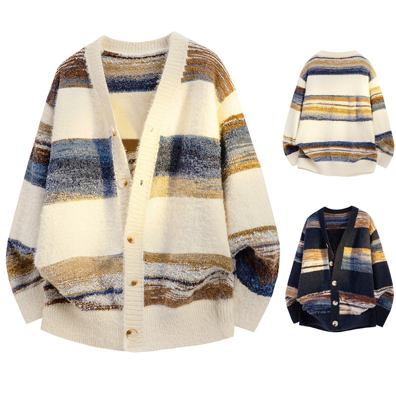 渐变条纹大V领针织衫毛衣男开衫外套秋冬线衣高级感外贸跨境批发