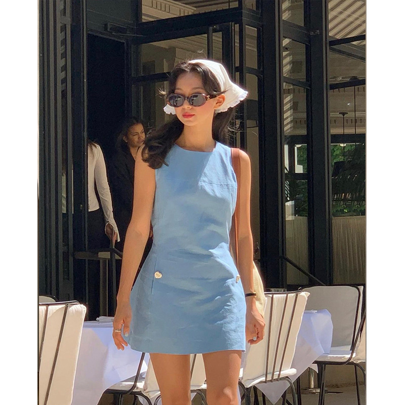 Blogger fever Korean ST*U Slim Fit Sleeveless A-line White Linen Dress Heart BUtton Short Skirt SUmmer