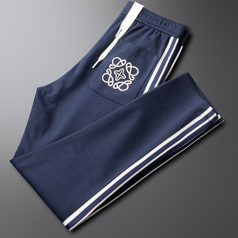 Trendy Brand Embroidered Sports Pants Men's Cotton Spring and Summer Loose Small Straight Casual Long Pants Men's Simple Striped Sweatpants