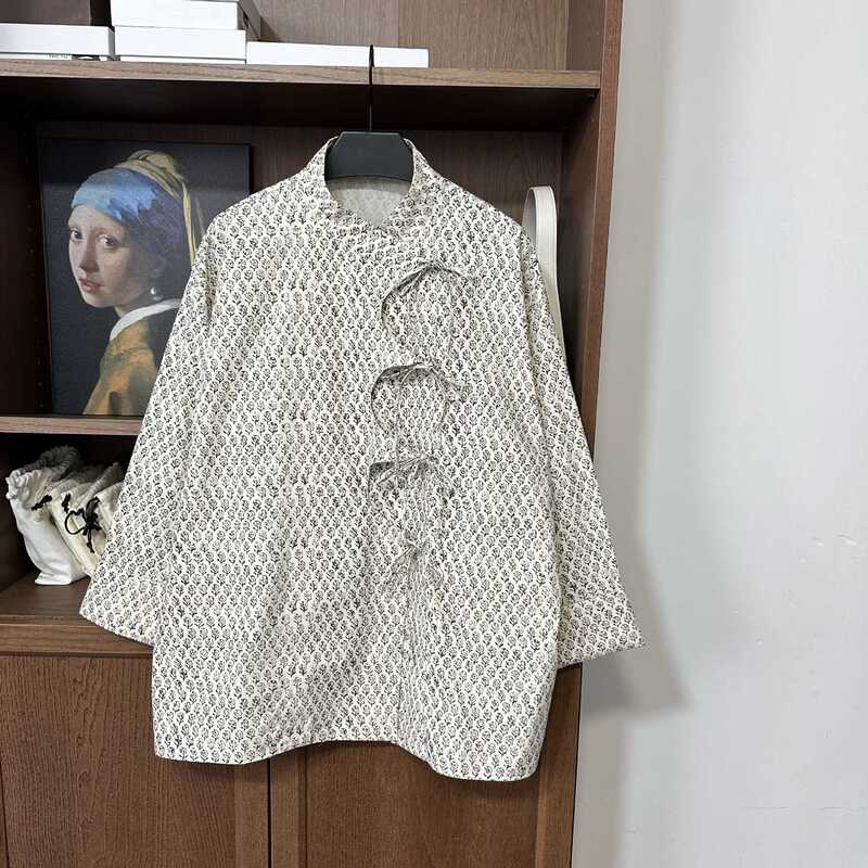 Shaped Cut Lace-Up Collar Long Sleeve Floral Shirt