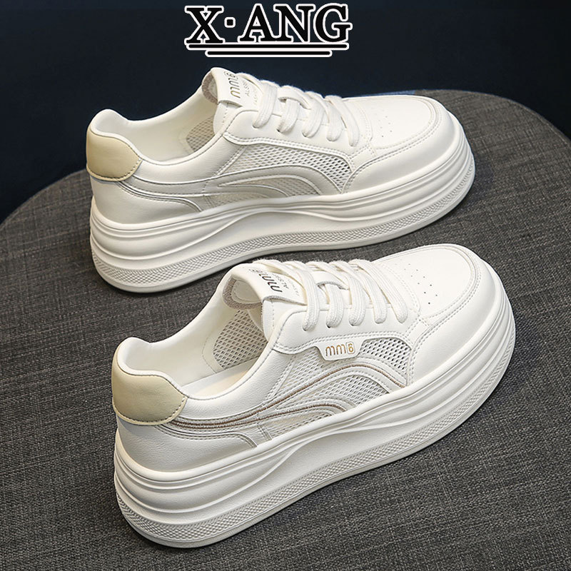 First-Layer Cowhide Lace-Up Thick-Soled White Shoes for Women, 2026 New Summer Mesh Breathable Casual Sports Sneakers
