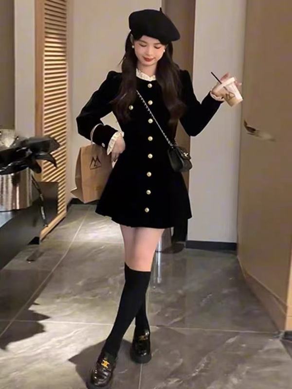 富家千金小香风a字短裙女秋季高级感收腰甜美气质配大衣连衣裙子|undefined