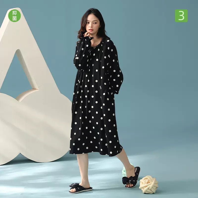 【抗菌新疆棉】秋季纯棉复古波点长袖睡裙可外穿蕾丝边女士家居服