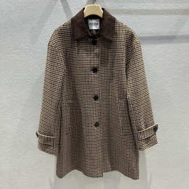 南油高端女装2025秋冬MIU新款翻领灯芯绒千鸟格中长款羊毛呢大衣