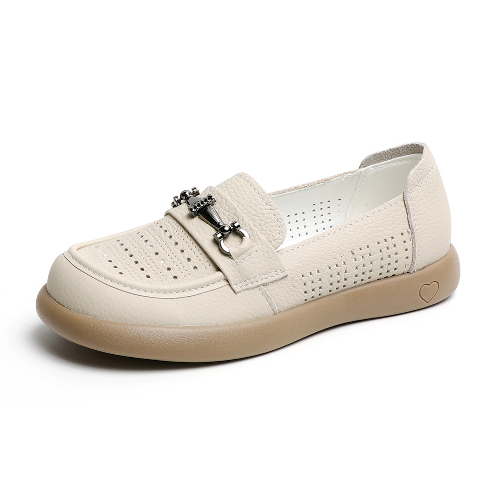 Women's Genuine Leather Loafers 2026 Summer Hollow Breathable Flat Comfortable Soft-soled Shoes For Mothers And Nurses_voghion.com