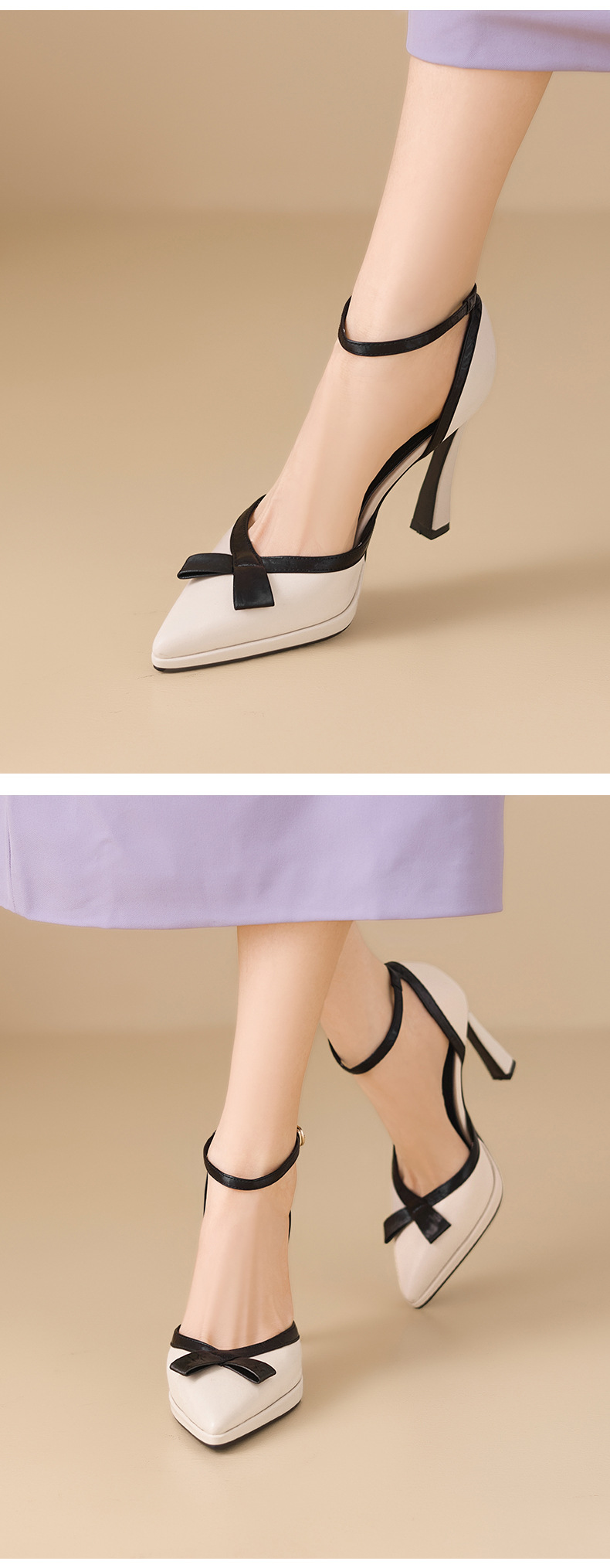 Sandal cao gót nữ phối màu phong cách Chanel, quai một khuy, mũi kín, gót nhọn 9 cm — Rượu vang đỏ, màu trắng ngà chi tiết 5