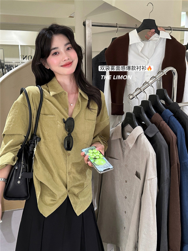 the limon柠檬绿茶2025秋季新款设计感双口袋长袖衬衫女休闲上衣|undefined