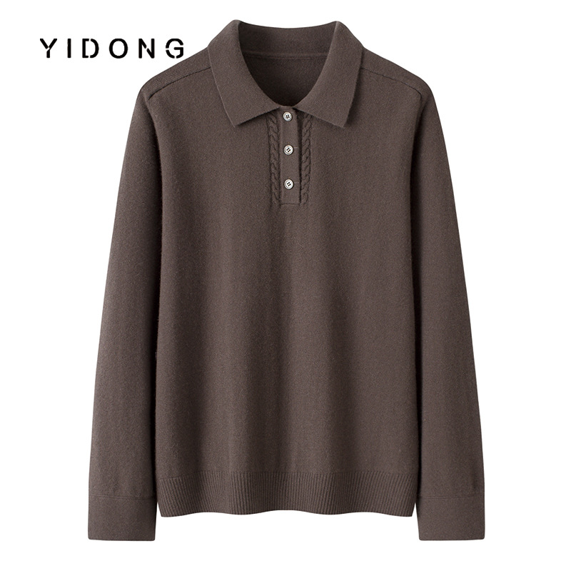 12针平纹马鞍肩树脂扣衬衣袖口毛衣女士山羊绒翻领羊毛打底针织衫