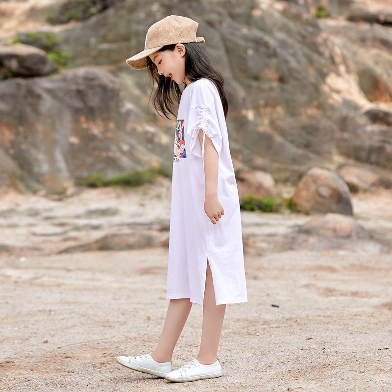 Vestido de las niñas verano 2024 nuevo estilo occidental medio y grande falda de algodón para niños moda verano manga corta Camiseta falda casual