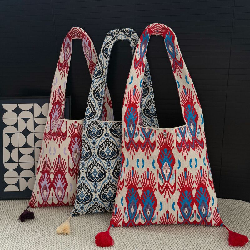 New Style Ethnic Style Xinjiang Bag with Tassels, Adelaide Pattern Knitted Bag, Handbag, Shoulder Bag, Cultural and Creative Souvenir
