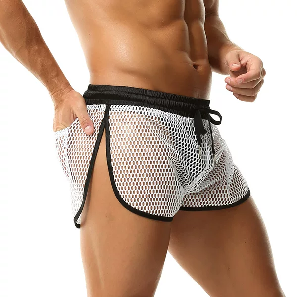Cross-Border New Men's Mesh Arrow Pants Hollow See-Through Boxer Home Shorts Breathable Sexy Nightclub Trendy Men
