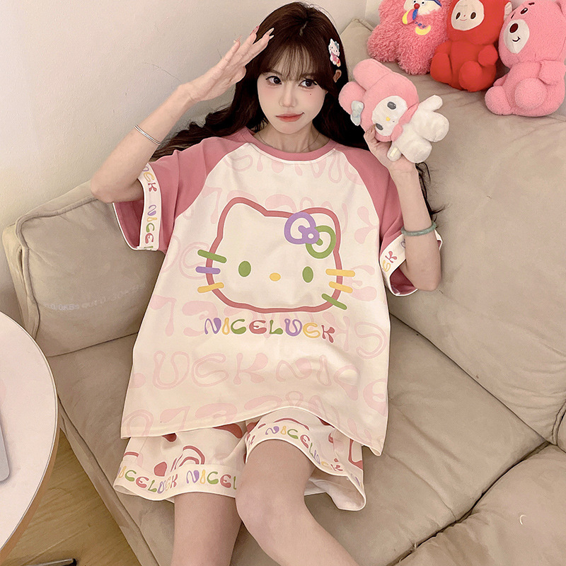 Women's Pajamas Summer Pure Cotton Short-Sleeved Princess Cartoon Round Neck Student Cute Cotton Girl Summer Home Wear Set