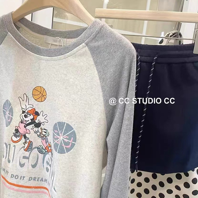 South Korea Dongdaemun Early Autumn terry Minnie Cute Cartoon Printed Shoulder Long-sleeved T-shirt Loose Lazy Top