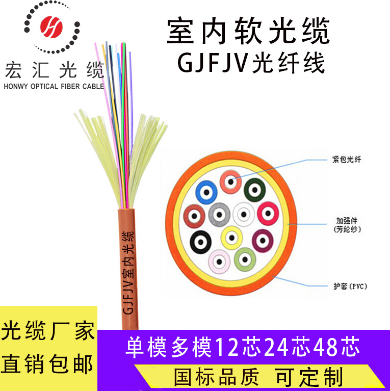 单模室内光缆gjfjv4/6/24芯om2国标光纤12芯多模成品光纤线高速