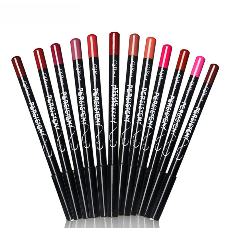 Factory direct qibest fashion Black Rod waterproof 12 color lip liner non-stick Cup easy to color lipstick pen makeup