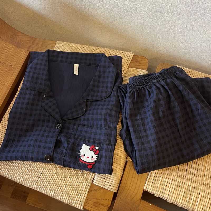扎染条纹云朵纯棉纱睡衣女春秋季长袖简约可外穿开衫家居服夏套装|undefined