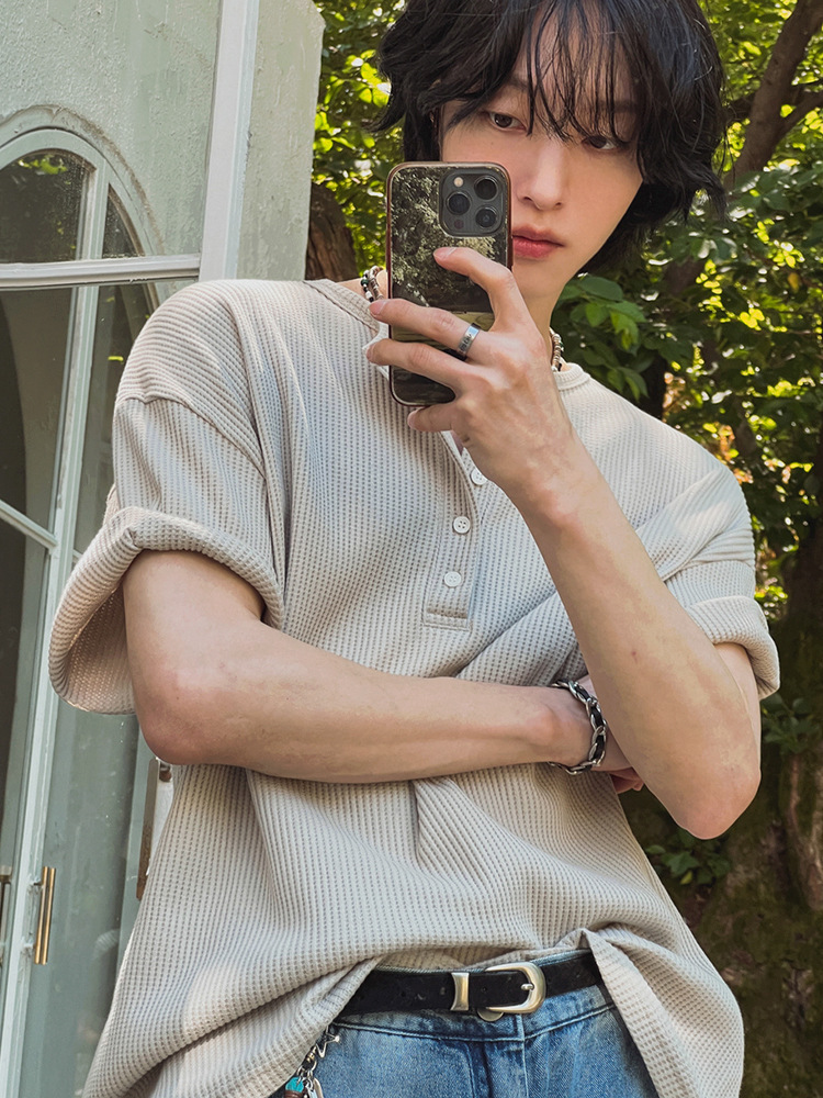 MYQ ヘンリーカラー半袖 Tシャツメンズ夏ルーズカジュアル半袖 Tシャツ韓国通勤オールドマネースタイルトレンド