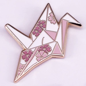 Origami hard enamel pin cherry blossom paper crane badge