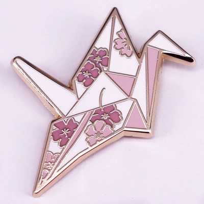 Origami hard enamel pin cherry blossom paper crane badge