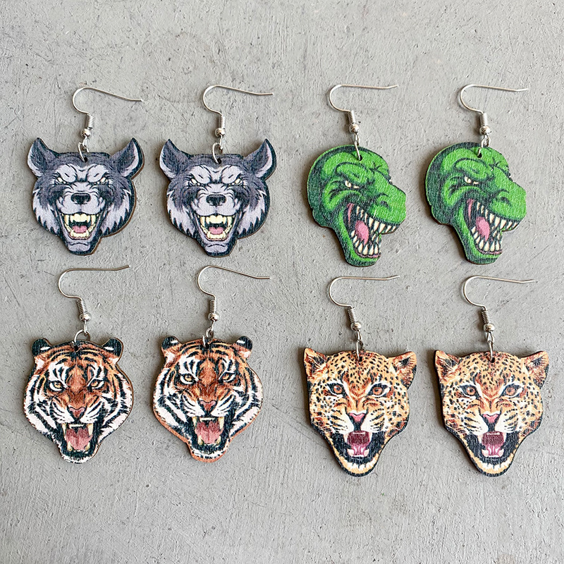 1 Pair Retro Funny Dinosaur Cheetah Tiger Wood Iron Ear Hook display picture 6