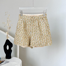 安斐欧娜新款法式小香粗花呢金色亮丝松紧腰显高宽松女短裤