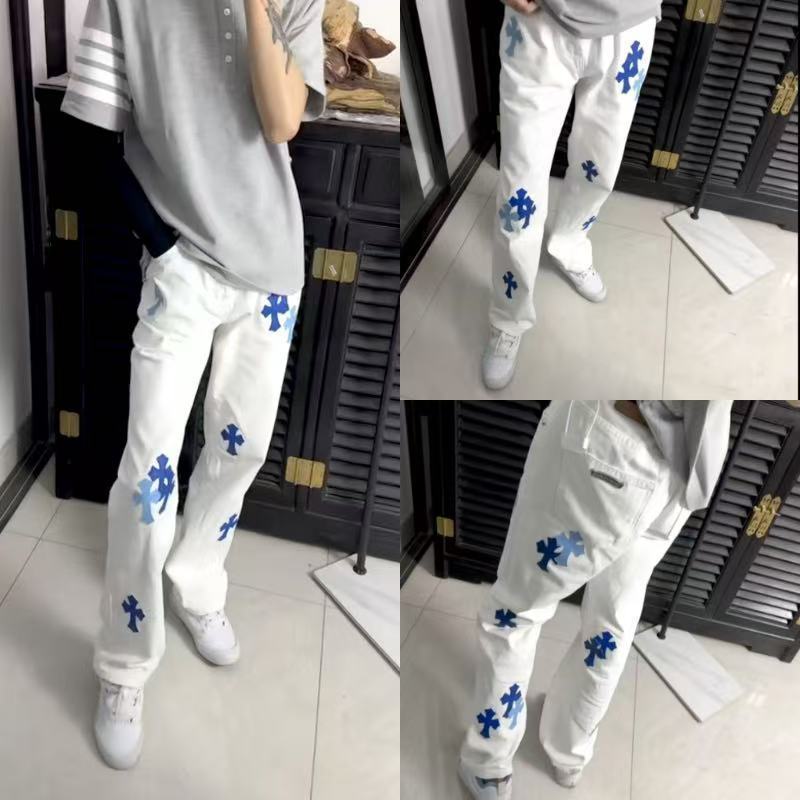 美式克罗CH高街轻奢牛仔裤白色潮牌十字架宽松男女同款直筒长裤|undefined