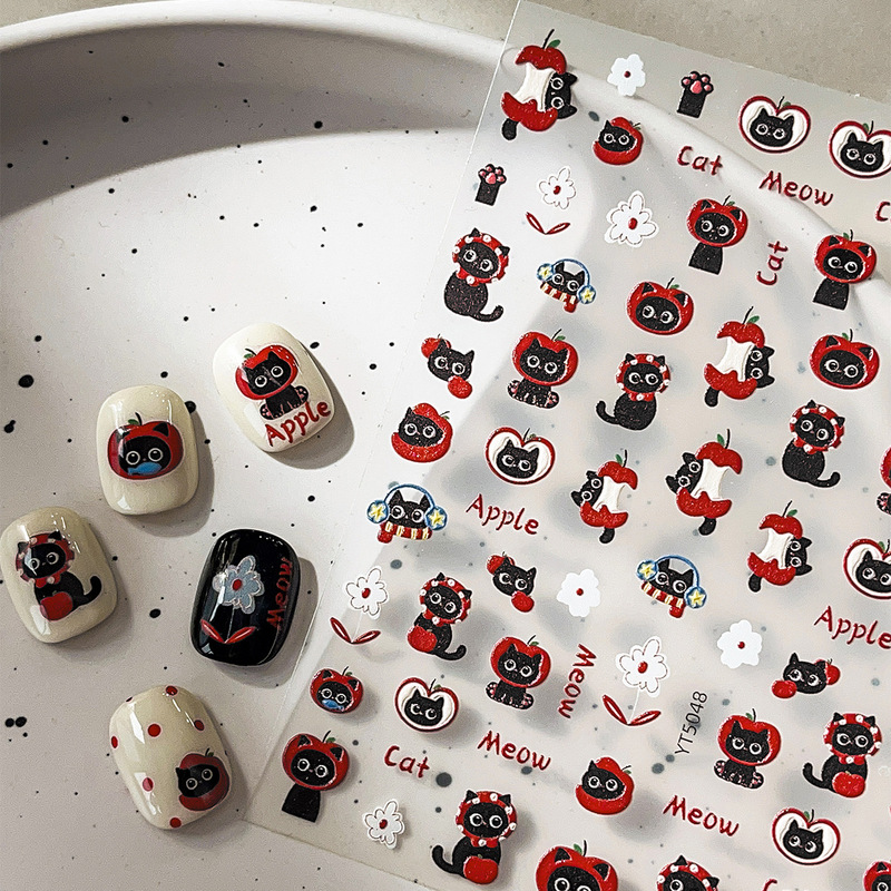 YITU Ant Figure Relief Red Apple Black Cat Nail Art Sticker Super Cute Cartoon Adhesive Nail Decoration Sticker YT5048