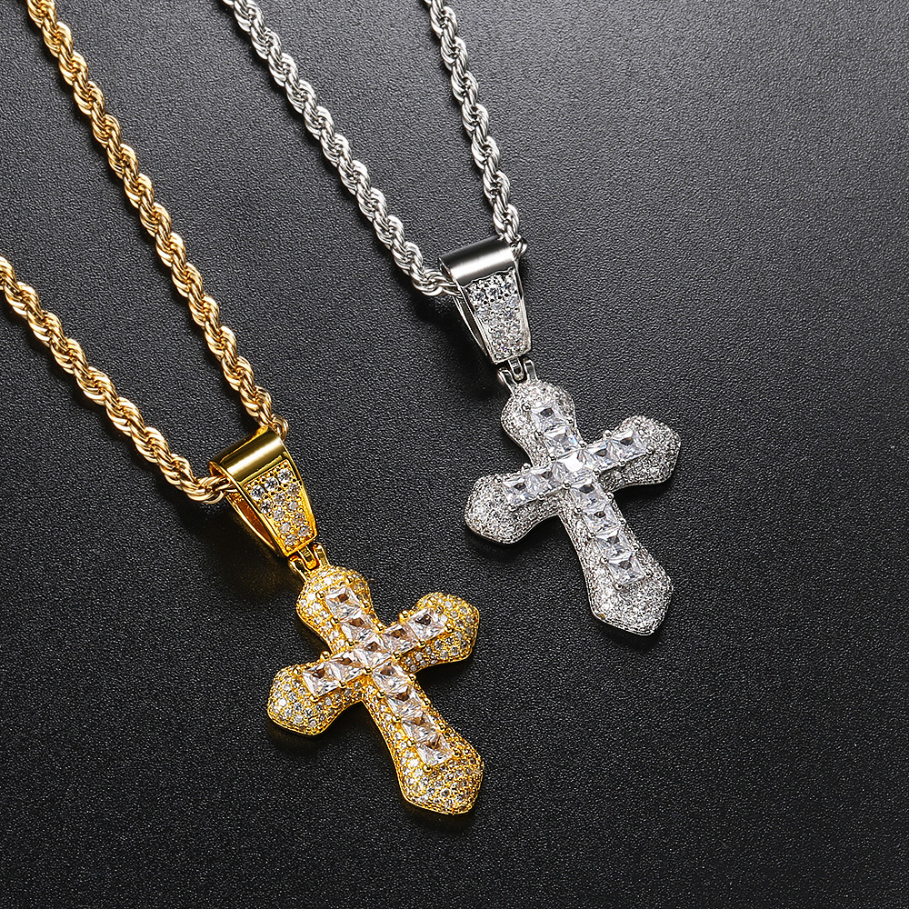 Hip-Hop Cross Copper Plating Zircon Pendant Necklace