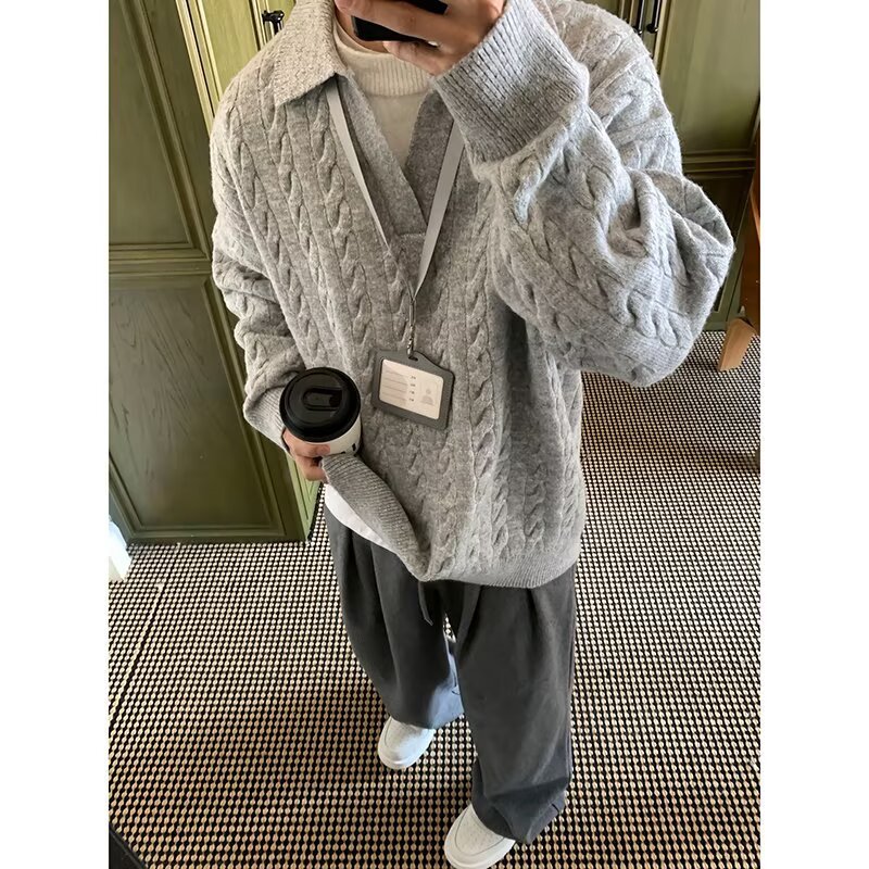灰色假两件不起球毛衣男款冬季慵懒高级感韩系穿搭v领内搭针织衫