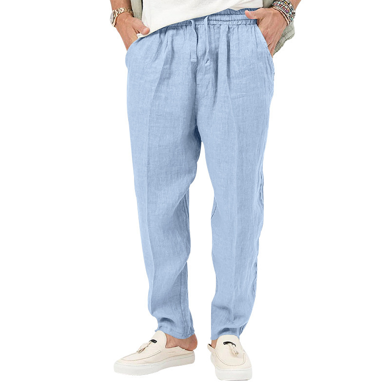 2024 Summer New Thin Men's Fashion Large Solid Casual Drawstring Cotton Hemp Pants_voghion.com