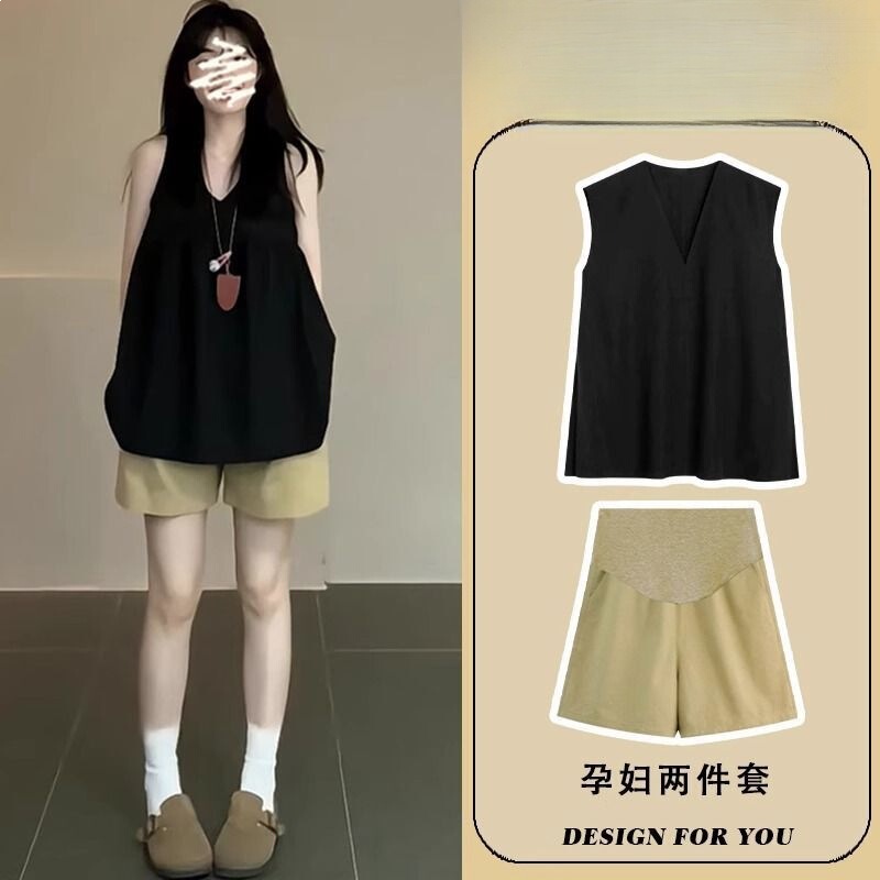 Maternity Suit Summer 2026 New Fashion Loose Casual Black V-Neck Sleeveless Top and Shorts Two-Piece Set for Women