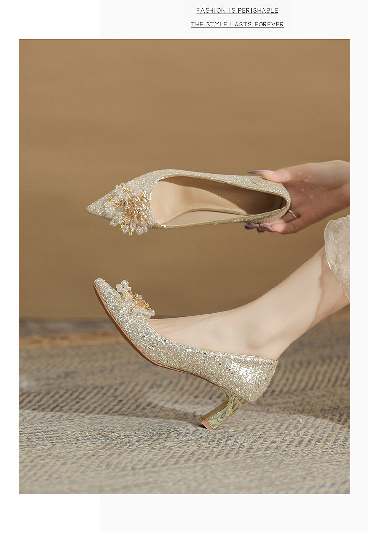 Giày cưới đính sequin mũi nhọn gót vuông cao 6 cm — Màu Sâm panh chi tiết 15