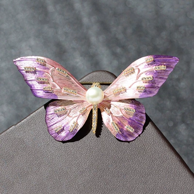 Retro Gradient Enamel Butterfly Brooch, Feminine Pearl Insect Corsage Design Niche Pin Accessories (Yaxa sancaqları) - pink-and-purple-enamel-butterfly