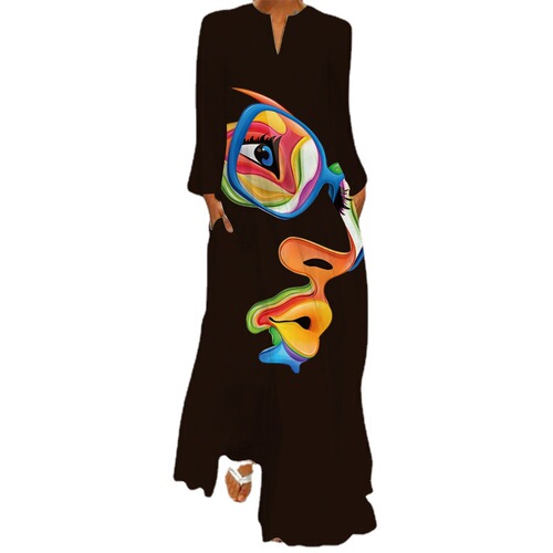 2026 New Women's Long Dress for Spring and Summer Cross-border Sales from Europe and America, V-neck, Long-sleeved, Pockets, Printed, Loose Fit Dress