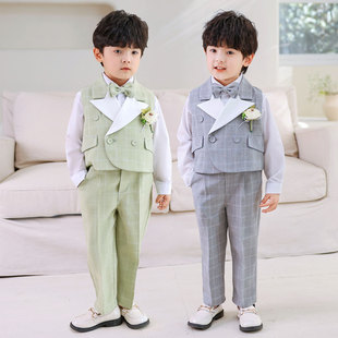 Children's Suit Dress Spring British Gentleman Plaid Vest Suit Baby Boy First Birthday Flower Girl Photography Suit