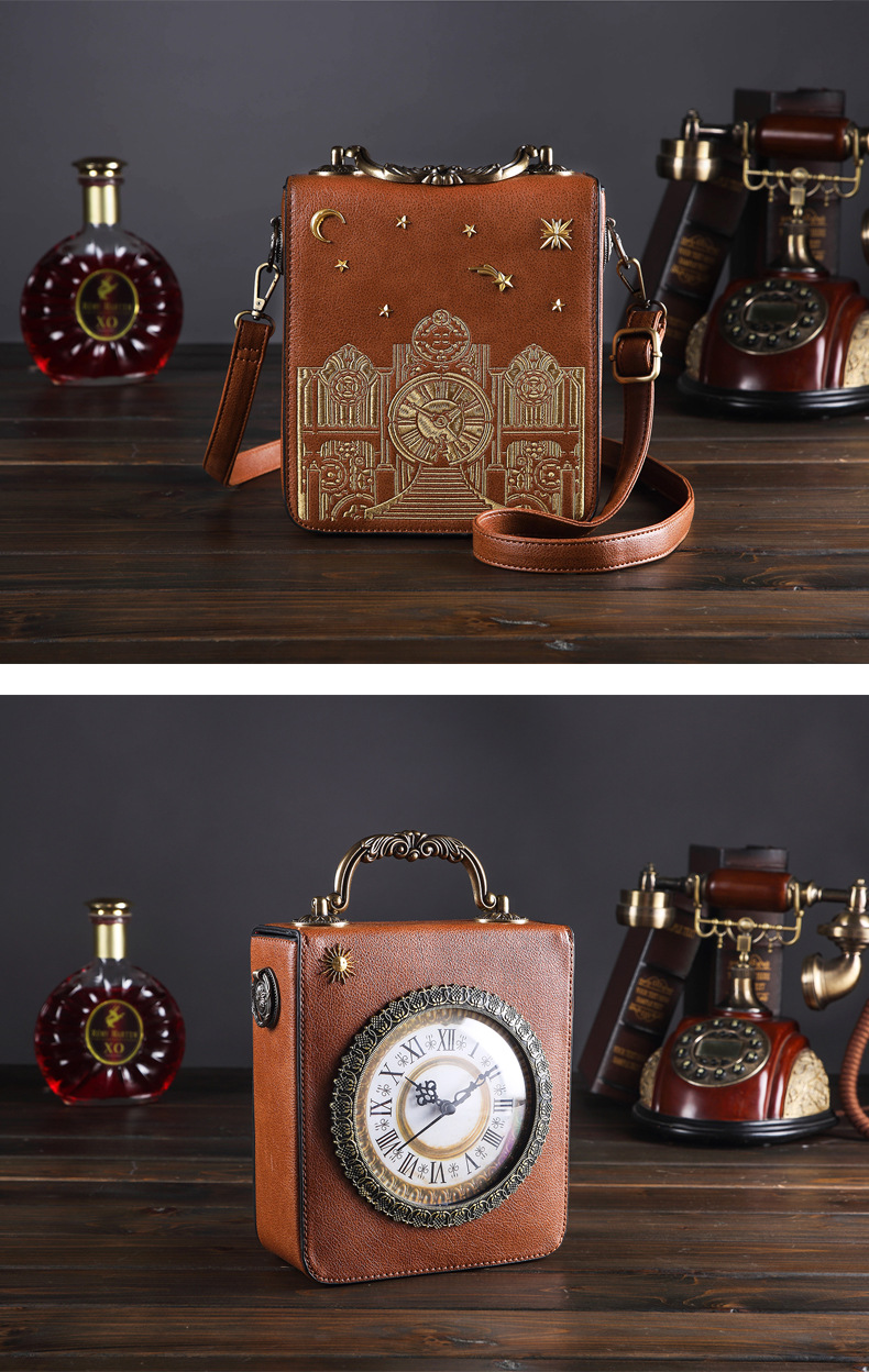 Medium Size Women's Medium Pu Leather Clock Vintage Style Square Zipper Handbag