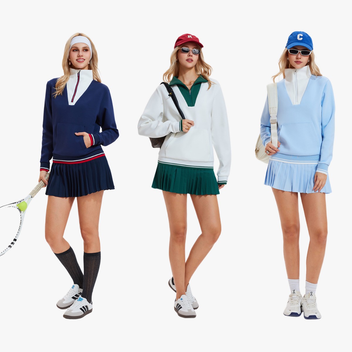 Vintage camiseta de tenis de manga corta, camiseta de cuello vertical, media cremallera, manga larga, primavera y otoño, dos piezas de estilo deportivo.