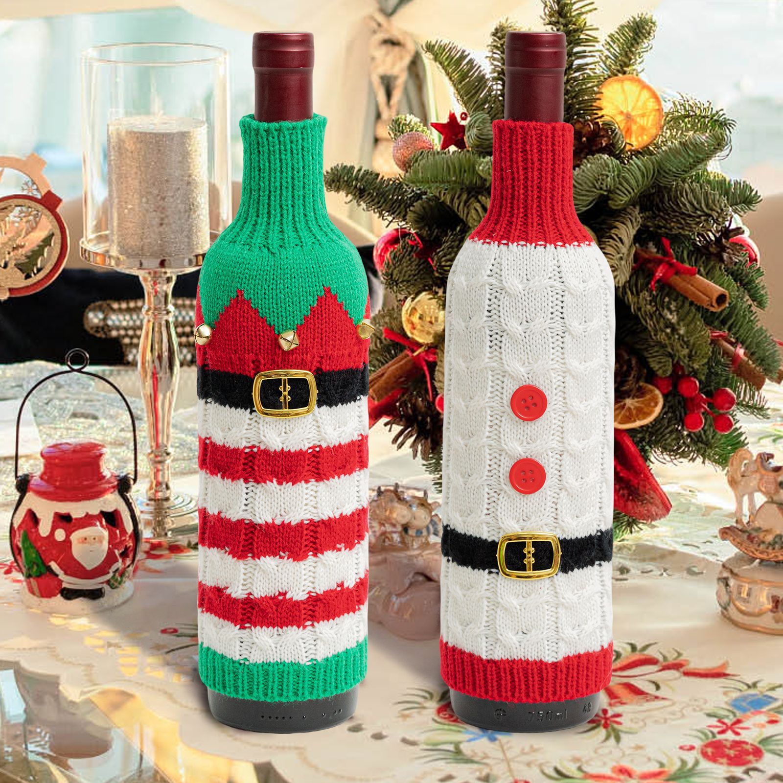 Navidad transfronteriza de punto botella de vino conjunto de decoración campana cinturón de vino conjunto de decoración de fiesta fiesta atmósfera de vacaciones