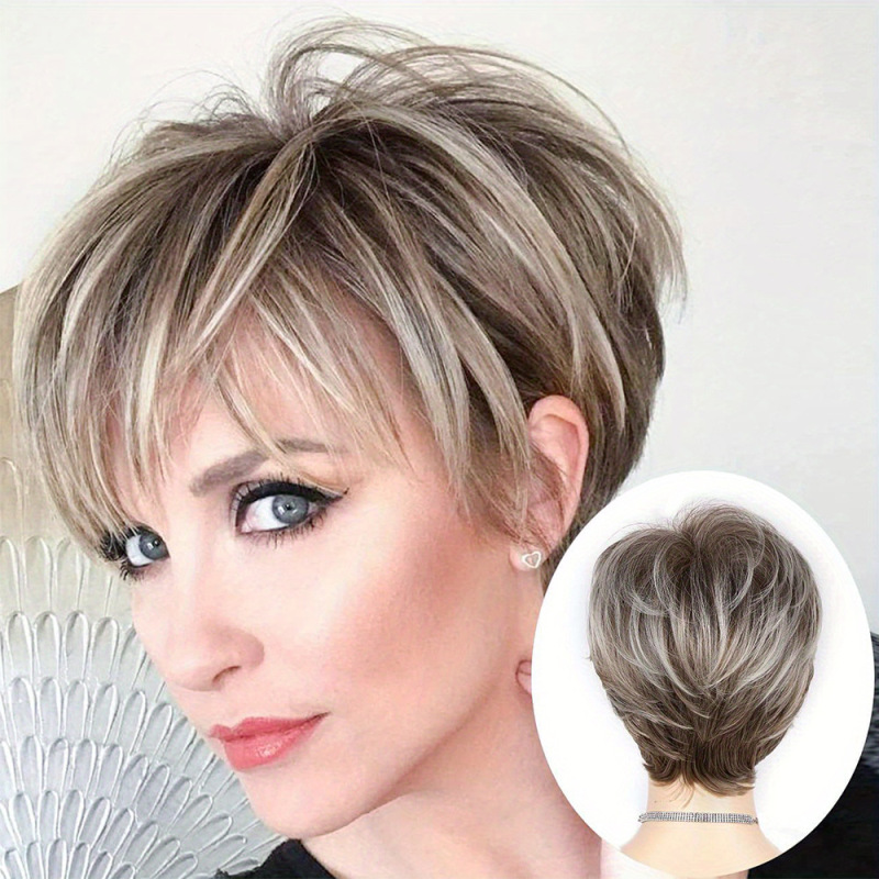 12 inch Brown mixed blonde short Genie cut bangs synthetic layered curly wig bangs