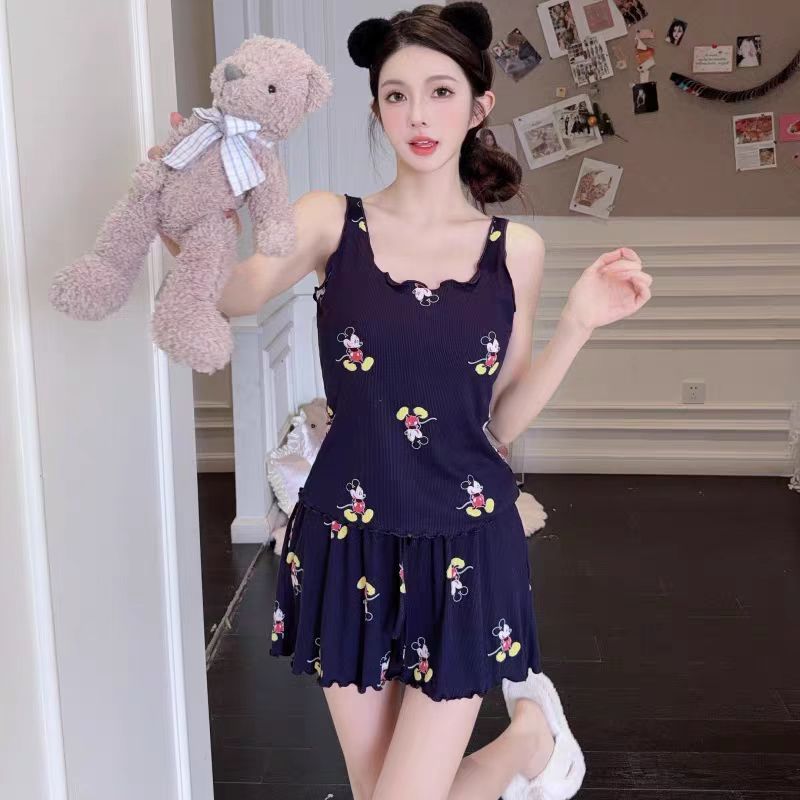 Pajamas for Women Spring and Summer Modal Cotton Mickey Mouse Print Sweet Suspender Shorts Can Be Worn Outside Home Clothes Plus Chest Cotton
