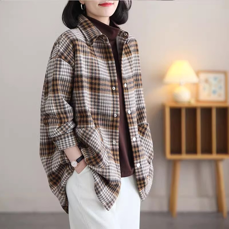 文艺大码格子衬衫短外套女2025秋季新款拼色加绒加厚女式上衣|undefined
