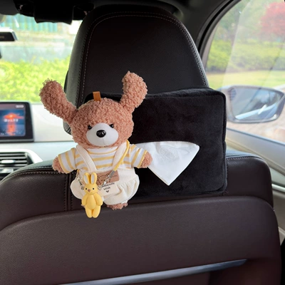 decoration, hanging cute bear plush – Car tissue box/set - black-plush-tissue-box-light-brown-bear-yellow-striped-top-beige-overalls-yellow-rabbit-pendant