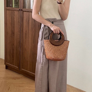 Thai Imported Hand-Woven Tote Bucket Straw Bag Niche Design High-End Straw Bag Vacation Korean Style Retro