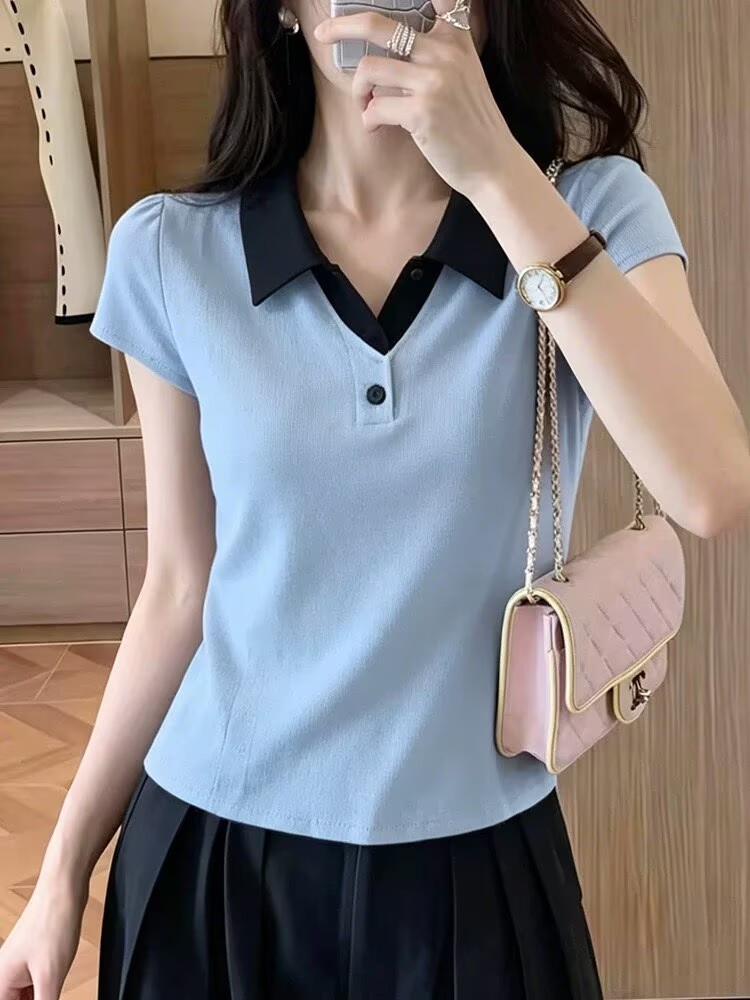Áo polo nữ tay ngắn cổ lật phối màu phong cách Hàn Quốc — xanh lam