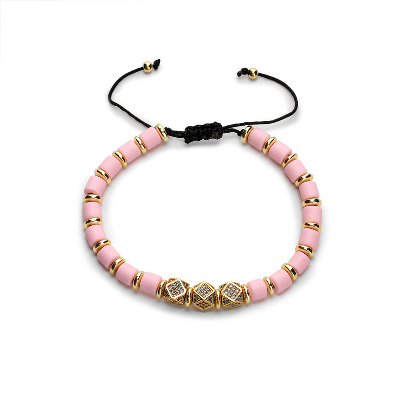 Pulsera tejida con cuentas cilíndricas de cerámica suave transfronteriza europea y americana para hombres y mujeres joyas de cobre con micro incrustaciones de pulsera redonda de tres cortes