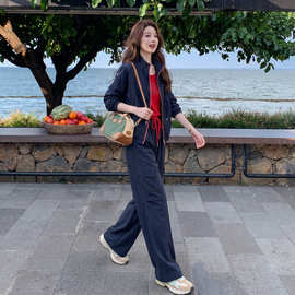 休闲工装风套装女秋季新款撞色拉链时尚背心卫衣外套阔腿裤三件套