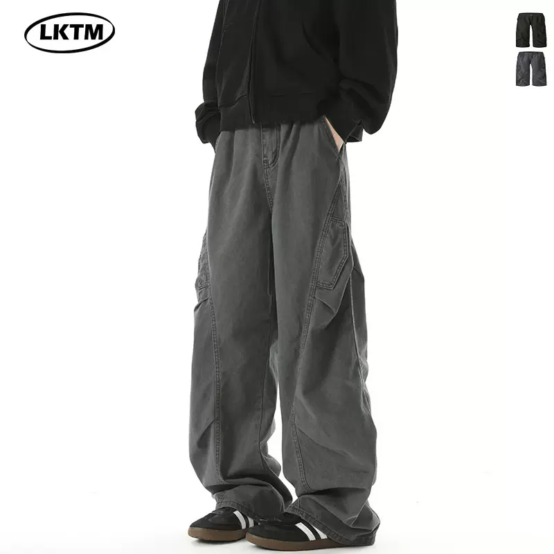 LKTM男装#美式复古解构设计感工装裤男女宽松休闲褶皱直筒长裤子