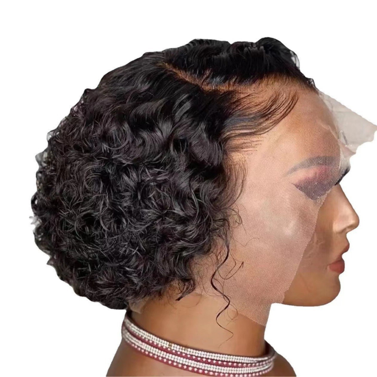 Parrucca nera riccia da donna, corta, in fibra sintetica, con extension per capelli a copertura totale, adatta a diverse occasioni e contesti._voghion.com